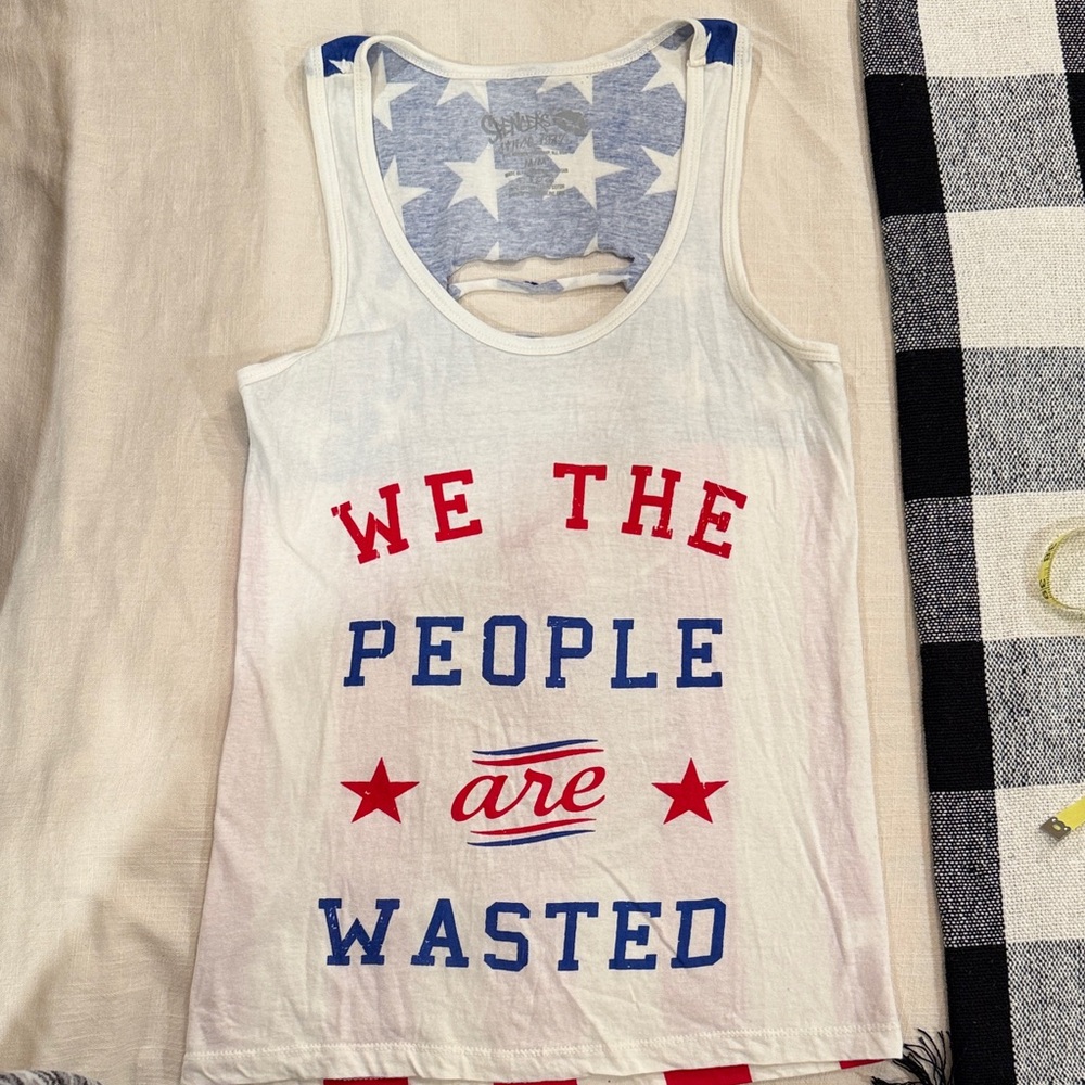 Spencer's Women’s White Tank Top with Red & Blue Graphic (Like New)